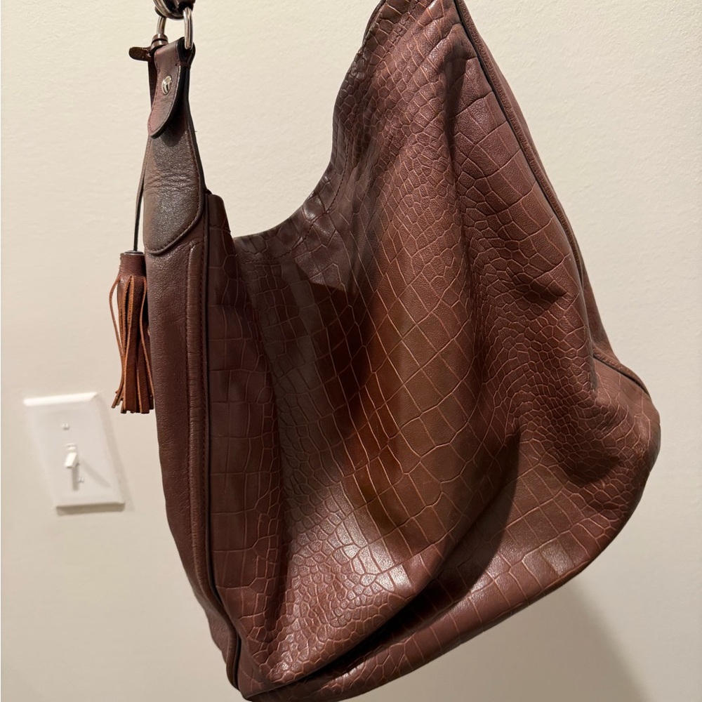 Coach Croc-Embossed Dark Brown Leather Hobo with Tassel - Picture 2 of 4